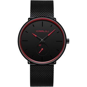 Men's Deep Red Ultra-Thin Minimal Waterproof Stainless Steel Mesh Band Watch